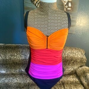 Vibrant Orange and Red One Piece Swimsuit with Ruched Detailing